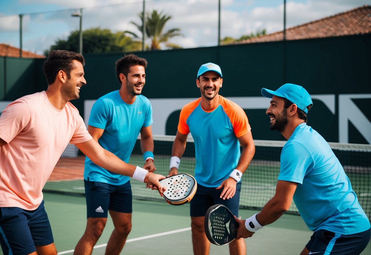 En gruppe venner spiller padel tennis griner og nyder spillet sammen